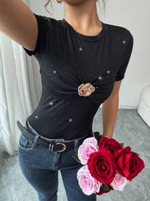 Chiquease Black Gold Foil Luxury Party Casual Twist Floral Decorated Short Sleeve T-Shirt - Black - View 3