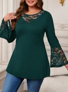 EMERY ROSE Ropa de invierno talla grande para mujeres, ropa navideña para mujeres de unicolor con inserto de encaje, cuello redondo, manga larga, camiseta casual