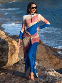 Swim Shayni Bộ đồ bơi đi biển Hồi giáo 3 món in họa tiết khối màu thanh lịch có khóa kéo phía trước + váy dài che phủ cho mùa xuân và mùa hè - Nhiều màu - Xem 4