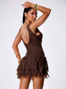 MUSERA 流苏下摆钩针编织迷你毛衣连衣裙 春季 Y2K 90 年代休闲可爱阳光夏季伊比沙岛锐舞节假期夏日夜晚外出冬季约会之夜派对时尚 - 咖啡棕 - 查看 2