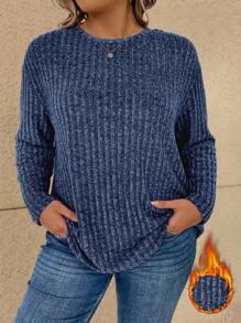 Vionelle Plus Size Plain Long Sleeve T-Shirt, Minimalist Fashion Casual For Everyday Wear Fall Cloth For Women - Navy Blue - View 1