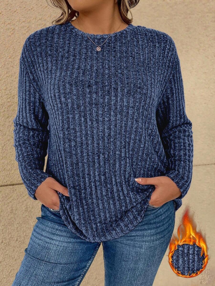 Vionelle Plus Size Plain Long Sleeve T-Shirt, Minimalist Fashion Casual For Everyday Wear Fall Cloth For Women - Navy Blue - View 1