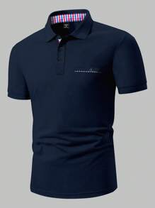 Manfinity Homme Áo thun Polo kẻ caro màu khối cho nam có túi trước và sau, Quà tặng cho bạn trai, Quà tặng cho nam giới, Thích hợp cho bạn bè Áo thun Polo Nam Áo thun Polo cho nam Áo thun Polo cổ bẻ cho nam Áo thun Polo cho nam - Màu xanh hải quân - Xem 3