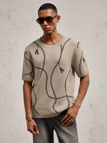 AKNOTIC Party Men's Casual Khaki Chain Letter Jacquard Knitted Oversized Crew Neck Sweater, Suitable For Daily Wear And Vacation, Spring/Summer - Khaki - View 5