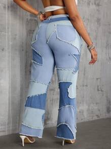 Slaydiva Große Größen einfarbige Patchwork-Jeans mit Knopfleiste und Taschen, minimalistischer Lässig-Stil - Blau - Übersicht 2