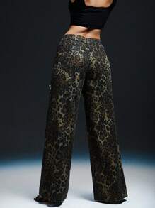 Denimoi Leopard Print Rhinestone Cut Out Jeans