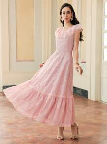 ZEYLAH WOMEN'S Ruffle Trim Lace Tiered Maxi Dress For Valentine's Day,SPRING/SUMMER