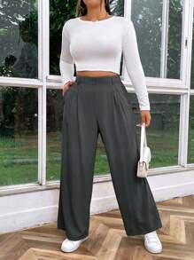 SHEIN Essnce 高腰褶皱侧袋阔腿华夫格工作加大码裤子 - 灰色 - 查看 4