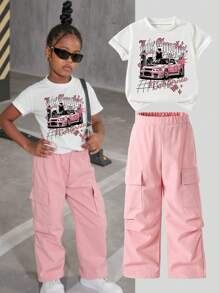 SHEIN Kleine Mädchen Set aus kurzärmligem Hemd und Cargohose mit Auto-Print - Weiss - Übersicht 1