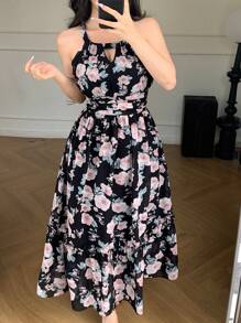 DAZY Đầm voan in họa tiết hoa lá nhỏ xinh, đầm hè kiểu yếm cổ yếm dành cho khu nghỉ dưỡng bãi biển, đầm nữ thường ngày, đầm lễ Phục sinh. - màu đen - Xem 4