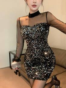 DAZY 宴会网纱拼接亮片性感修身迷你连衣裙，适合女士参加舞会、派对、秋季返校节等场合，长袖奢华连衣裙，新年优雅嘉年华女士礼服 - 黑色 - 查看 9