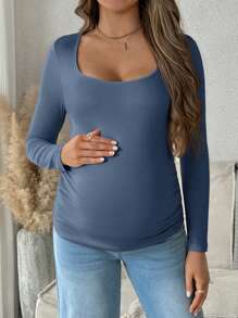 SHEIN Maternity Solid Color Long Sleeve Ruched Slim Fit T-Shirt, Casual For Daily Wear