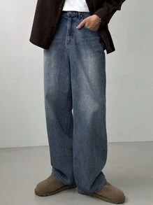 DAZY 男士简约前扣口袋休闲牛仔裤，日常穿着 - 藍色 - 查看 5