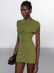 Aveloria Modichic Waist Slimming Fashion Solid Color Knitted Padded Shoulder Sleeveless Bodycon Dress - Green - View 3