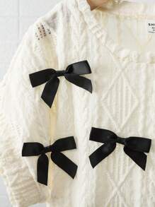 SHEIN LMoss Tween Girls Loose Fit Crew Neck Colorblock Black Ribbon Bow Decor Textured Fabric Short Sleeve Crop Top - Beige - View 5