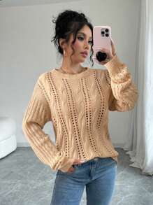 SHEIN Unity Casual Solid Color Hollow Knit Drop Shoulder Sweater Knit Pullover Fall Winter Sweater - Khaki - View 3