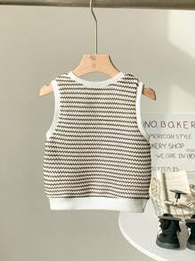 Baby Girl Infant Toddler 0-3Y Casual Versatile Daily Elastic Crochet Knit Black And White Striped Round Neck Bodycon Sleeveless Tee Shirt Top, Suitable For Home And Outdoor Wear, All Seasons - Black and White - View 3