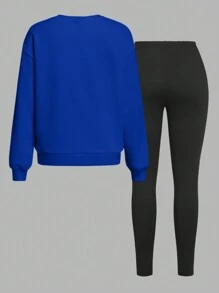 Slaydiva 2pcs Casual MILANO Letter Slogan Print Loose Crew Neck Long Sleeve Sweatshirt And Skinny Leggings Set, Suitable For Autumn/Winter Graphic - Royal Blue - View 3