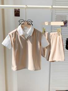 SHEIN Leap Crew 小男孩 3 件/套 杏色和白色休闲背心、翻领短袖开衫和短裤套装、适合学校和家居、适合通勤、学校、日常休闲、度假、旅行、适合运动、适合儿童服装、小男孩服装、男孩套装、男孩服装、家庭搭配服装、生日派对、适合日常、适合学校、适合运动、春夏季节。