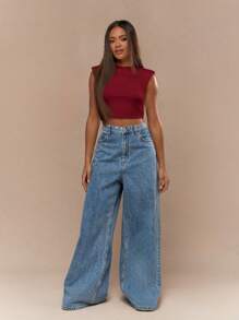 MISSGUIDED 垫肩露脐无袖高领修身夏季基础款背心简约时尚派对俱乐部节日街头风时尚必备圣诞单品 - 紅色 - 查看 4