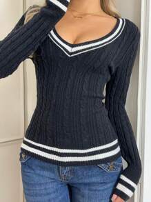 SHEIN EZwear كنزة صوفية نسائية كاجوال بتريم متباين ، خريفية