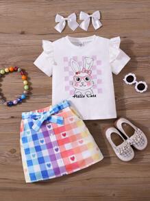 SHEIN Young Girl 2 Pieces Set: Knit Plain Cute Rabbit Graphic Round Neck Top And Woven Fitted Mini Skirt, Suitable For Easter, Baby Shower, Party, Birthday, Princess Girls Dress, School Clothes - White - View 2