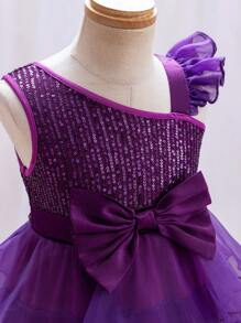 SHEIN Leap Crew 年轻女孩可爱婚礼花童不对称肩珍珠亮片和网眼薄纱紫色生日礼服 - 紫色 - 查看 3