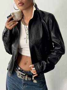 StreetHx Plush Patchwork Front Zip Pockets Faux Leather Pilot Jacket - Black - View 3