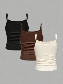 SHEIN Girlism 3 件套 Tween 女童修身休闲运动基本款吊带背心套装