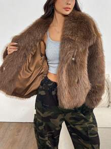 SHEIN EZwear Women Fluffy Coats - Brown - View 6