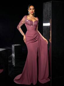 Glamrae Elegant Luxurious Embroidered Lace Applique Sheer Long Sleeve Crinkle Ruffle Side Slit Fishtail Hem Dress, Suitable For Weddings, Parties, Vacations, Galas, Evening Formal Occasions, Wedding Guest Dress, Party Dress,Gown