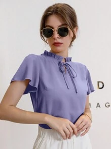Mulvari Camisa de unicolor de manga corta, minimalista y casual para uso diario - Púrpura malva - Ver 4