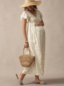 Boho Mama Boho Ditsy Floral Maternity Dress, Romantic For Vacation, Commuting - Apricot - View 6