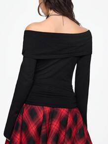 ROMWE Pull épaules dénudées à manches longues et coupe slim pour la Saint-Valentin, Pulls pour femmes, Tenues de printemps pour femmes - Noir - Voir 5