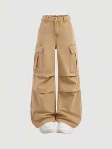 SHEIN Jeansy Baggy Cargo Khaki dla dziewczynek w stylu tween