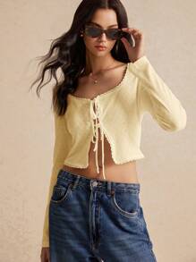 Poéselle 女士纯色系带长袖荷叶边休闲上衣 - 黃色 - 查看 6