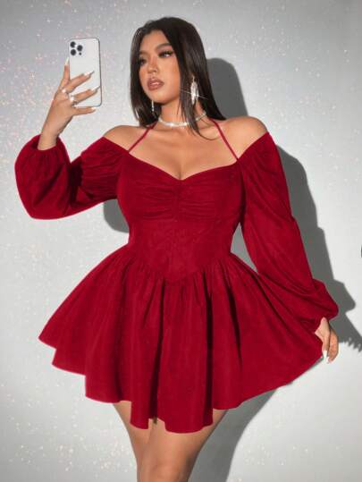 Viva Relle Plus Size Long Sleeve Solid Color Casual Dress, Simple & Fashionable For Everyday Wear Fall Cloth For Women