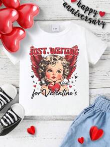 Koszulka z krótkim rękawem dla dziewczynki z aniołkiem i sercem, nadruk literowy, casualowa koszulka na wiosnę/lato, odpowiednia na Walentynki - Biały - Zobacz 3