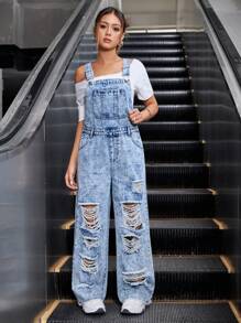 Teenager Girls' New Fashion Ripped Wide Leg Straight Jeans - Medium Wash - View 1