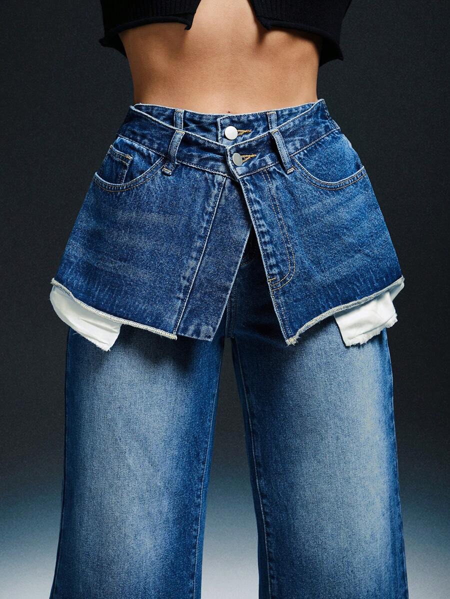 Denimoi Layered Waist Double Pocket Jeans Simple Fashionable Daily Casual - Medium Wash - View 1