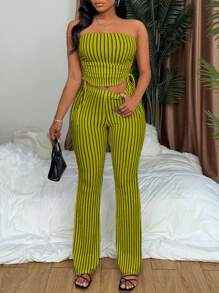 VaVaBold 2 件套女士性感条纹抹胸套装，简约时尚休闲日常穿着 - 綠色 - 查看 3