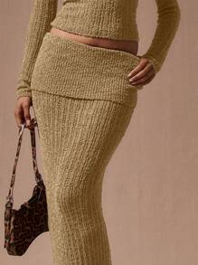 MUSERA 翻折腰针织长款毛衣裙 Y2K 休闲可爱 90 年代阳光风 - 杏色 - 查看 5