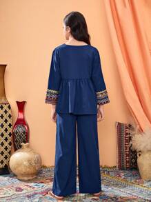 Tween Girl Casual Elegant Comfortable Loose Long Sleeve Top And Pants 2Pcs Set - Navy Blue - View 7
