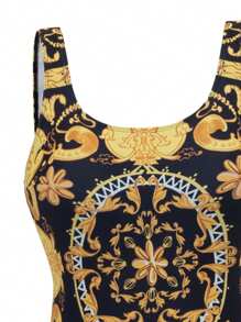 Swim Oasis Summer 2pcs/Set Women Placement Print Square Collar High Cut One-Piece Swimsuit & Skirt Resort - Multicolor - View 8