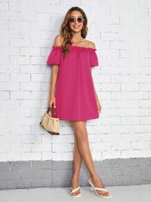 SHEIN Essnce Women's Off Shoulder Plain Short Sleeve Dress, Simple And Fashionable For Casual Daily Wear - Hot Pink - View 5