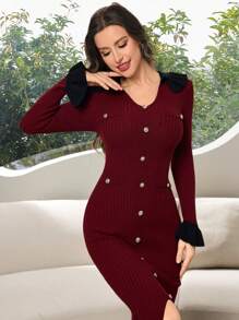 Modelyn 女式前扣长袖纯色拼布休闲针织毛衣连衣裙 - 酒紅色 - 查看 6