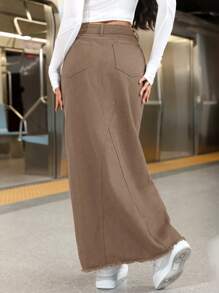 SHEIN EZwear Women's Front Button Pocket Denim A-Line Skirt, Casual Everyday