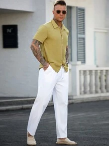 Manfinity Homme Men's Solid Color Button Front Short Sleeve Shirt And Pocket White Pants 2 Pieces Set - Multicolor - View 4