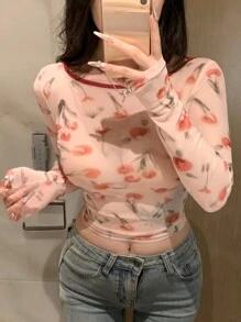 DAZY Encore Red Full Print Floral Pattern Backless Drawstring Tie Contrast Color Splicing Mesh Long Sleeve Blouse For Women,Halter Top