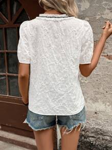 SHEIN LUNE Women's Bowknot Puff Sleeve Lace Jacquard Tied Casual Office Blouse Shirt - White - View 2